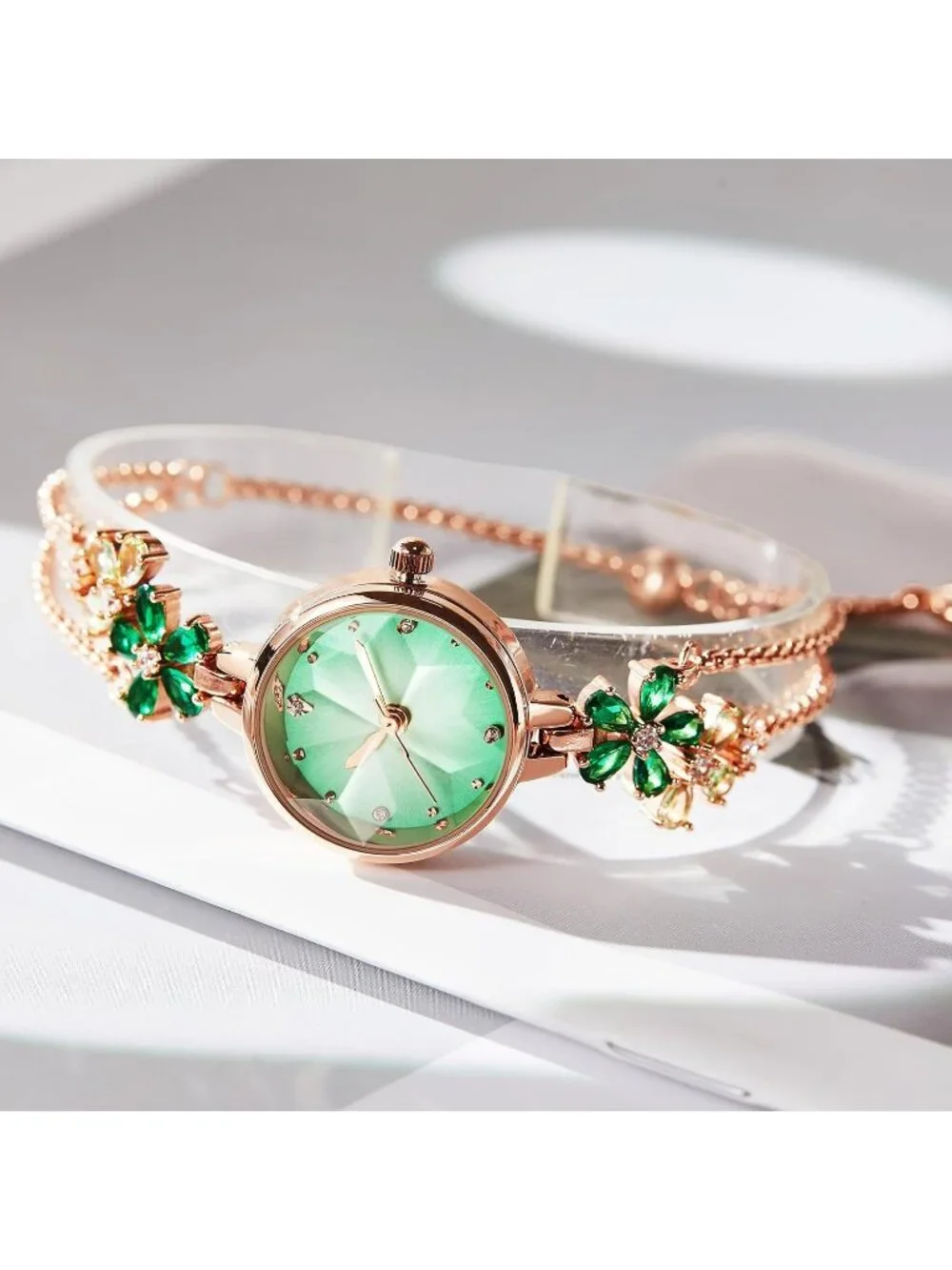 Women's Green Bezel with Crystals Dial Bracelet Strap Diamonds Waterproof Watch